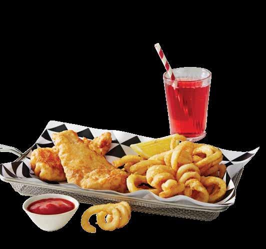 Served with curly fries and a drink*. CHICKEN TENDERS $9.90 Crisp chicken tenders.