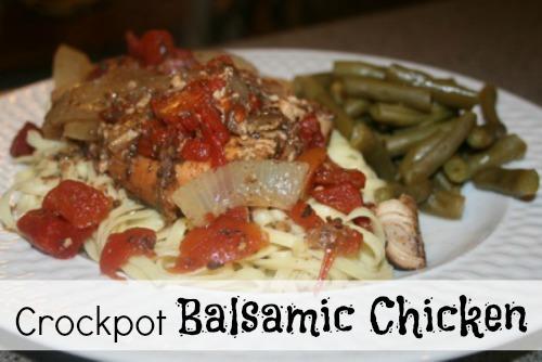 Crockpot Balsamic Chicken 3 boneless skinless chicken breasts (mine were frozen) 1 can of dice tomatoes (you could used crushed tomatoes or even just tomato sauce) 1/2 cup Balsamic Vinegar 1/2 onion