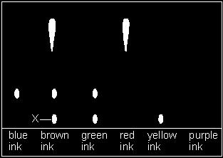 (c) Chromatography was used to analyse some soluble inks. The results are shown below. (i) A purple ink is a dissolved mixture of the red dye and the blue dye.