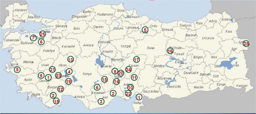 Fruit & Vegetable Processing Plants in Turkey 1-KONFRUT (Denizli & Hatay) 10-OĞUZ (Adana) 19-ELMASU (Isparta) 2 ANADOLU ETAP (Mersin) 11-YUMMY (Adana) 20-KIZIKLI (Nigde) 3-TARGID (Mersin) 12-GOLDEN