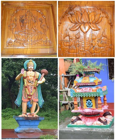Fig 5: Sculpture of Nelumbo nucifera in wooden doors, figure of Hanuman on lotus and image of