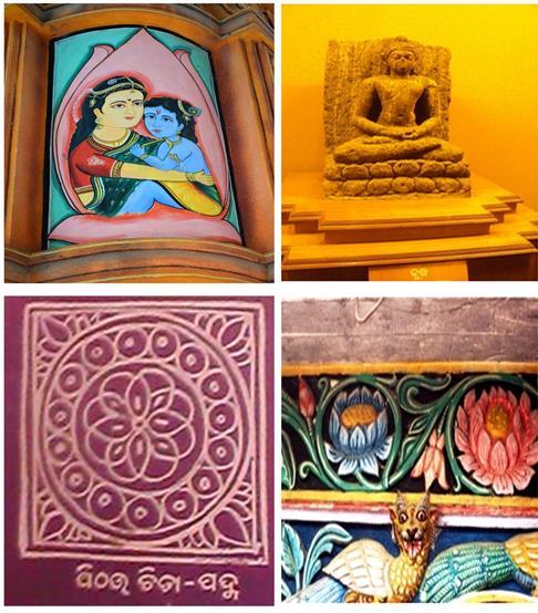 6: A wooden frame shoing painting of lotus, Sculpture of Buddha on Nelumbo mucifera at