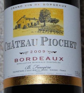 Château Piochet 2009 Bordeaux, France This wine has 13.5 % vol. and Jungle Jim s sells it for $9.99, reduced from $14.99. Nice black fruit aromas and soft, silky finish, made for a cracking bit of beef or some good game.