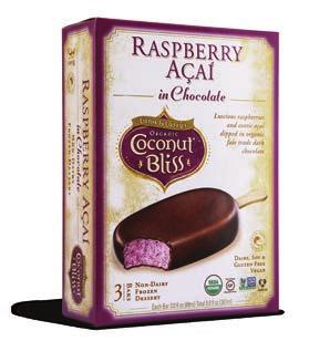 NRaspberry AçaÍ in Chocolate Luscious raspberries and exotic açaí dipped in organic fair trade dark chocolate NON-DAIRY FROZEN DESSERT: Organic Coconut