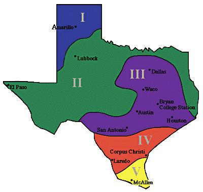 Figure 2. Texas gardening regions. because they will not mature before summer temperatures get too hot. Brussels sprouts are the most cold tolerant of the cole crops.
