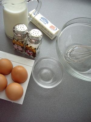 This picture shows the ingredients for scrambled eggs, but in this blog post, I'm just going to focus on the egg-cracking step, which will apply whenever you use eggs, not just scrambled eggs.