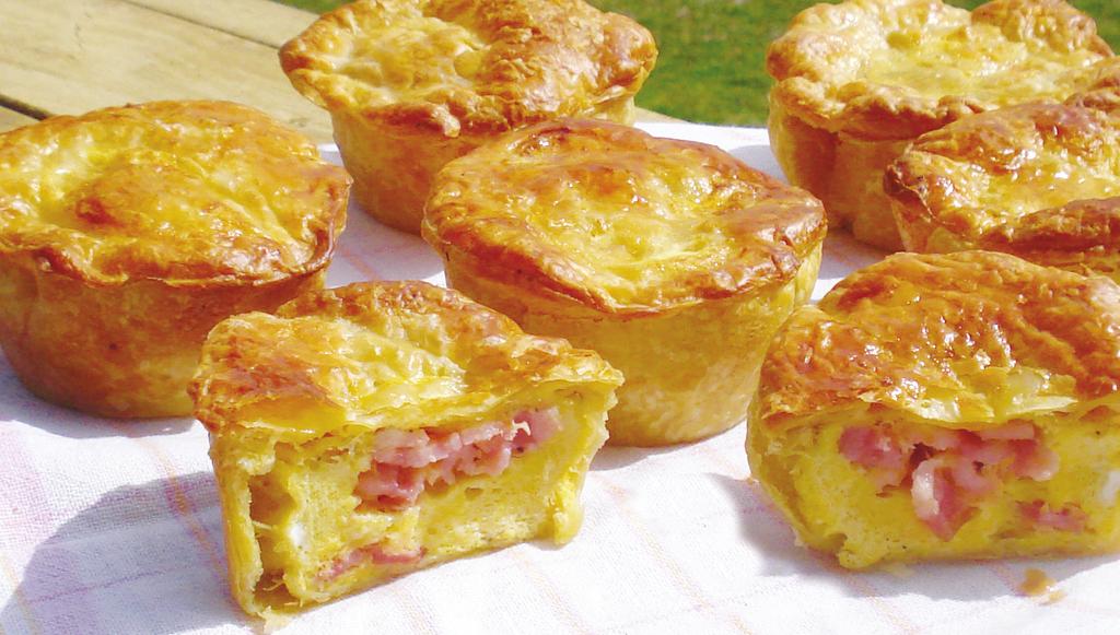 mini bacon & eggs pies 4-6 13 EGGS 25 5 PREP COOK 12 Eggs + 1 extra to wash the pastry 1kg Puff pastry sheets 150g Bacon, chopped Salt & pepper 1/2 Teaspoon oil or butter to grease the muffin tray