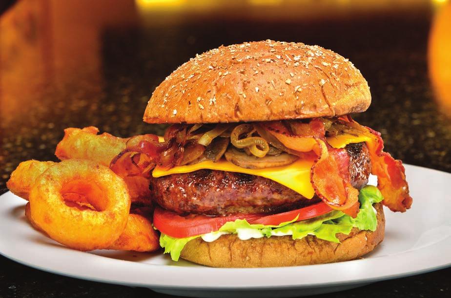 50 BBQ Bacon Burger Our Classic Burger smothered in a smoky BBQ sauce with strips of crispy bacon and Swiss or American cheese. 8.