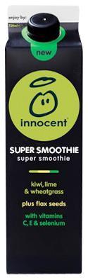 Innocent Super Smoothie Innocent Alps United Kingdom Juice & Juice Drinks Event Date: Sep 2014 Description: This delicious super smoothie is a blend of kiwis, limes, wheat grass, and flax seeds.