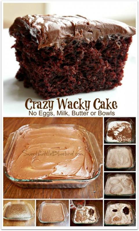 Wacky Cake (No, Eggs, Milk, Butter or Bowls) Ingredients 1 1/2 Cups flour (all-purpose) 3 Tbsp. cocoa (unsweetened) 1 Cup sugar (All purchase sugar Granulated Pure Cane Sugar) 1 tsp.
