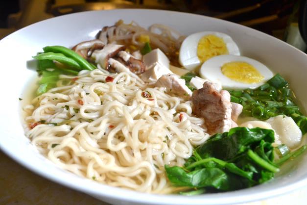 Ramen 4 soft or hard-boiled eggs, sliced in half 10 oz dried ramen noodles 8 cups store-bought or homemade pork or vegetable broth 2 tsp instant dashi granules 1 tbs soy sauce, or to taste 4 tbs