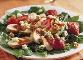 Strawberry Chicken Salad 3 1/2 oz of lettuce 3 1/2 oz Chicken 6 strawberries, sliced Sweet N Sour Vinaigrette Dressing *Disclaimer: Photo above is not an actual image of recipe 1.