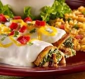 With rice & refried beans. Two 8.99 Three 10.49 Blanco Enchiladas Grilled diced chicken breast with creamy spinach in enchiladas topped with sour cream sauce, cheddar, roasted red peppers & cilantro.