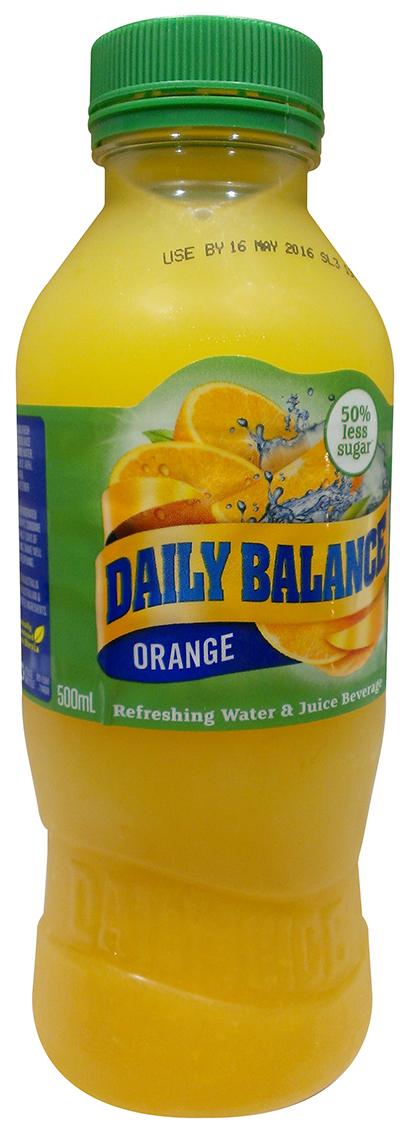 Daily Balance Orange Juice Drink The Daily Drinks Australia Event Date: Apr 2016 Price: US 1.44 EURO 1.32 Description: Refreshing orange juice beverage with sweetener, in a 500ml plastic bottle.