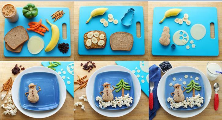 Ingredients 2 slices whole-grain bread 1 Tablespoon peanut butter 1 banana Handful of raisins 5-6 pretzel sticks 2 slices low-fat cheese 1 green bell pepper ½ cup air-popped popcorn MyPlate Snowman