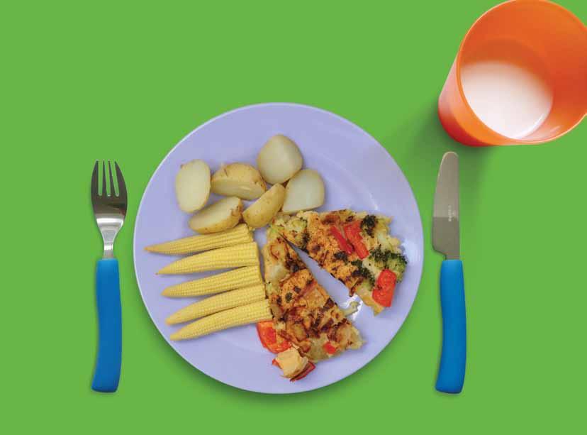 103 SAVOURY MEAL 1-4 years Vegan Spanish omelette with new potatoes and baby sweetcorn This recipe makes about 4 portions of 100g omelette, 50g potatoes and 40g sweetcorn.