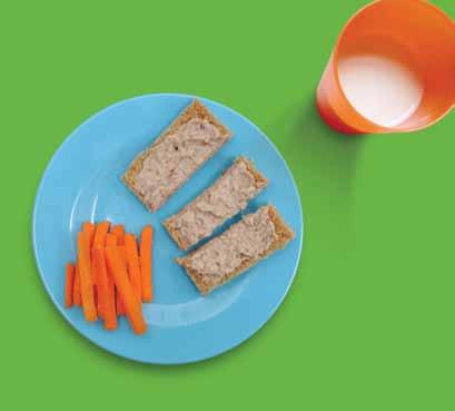 Cut the rolls in half and toast them lightly. 2. Spread with the almond butter. 3. Serve with the carrot sticks. Serve with 100ml unsweetened calcium-fortified soya milk.