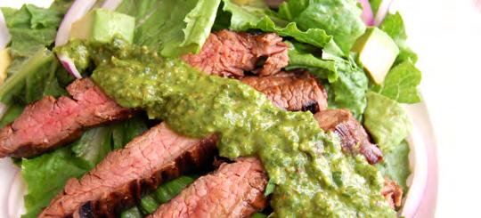 Steak Salad with Chimichurri Thin slices of steak served over salad provides a filling and protein-packed lunch. Fresh parsley is used to make a chimichurri sauce, similar to pesto.