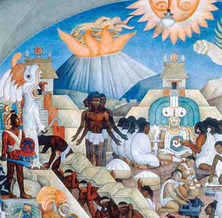This mural, in the National Palace in Mexico City, shows Quetzalcoatl in many forms. Religion Rules Aztec Life Religion played a major role in Aztec society.
