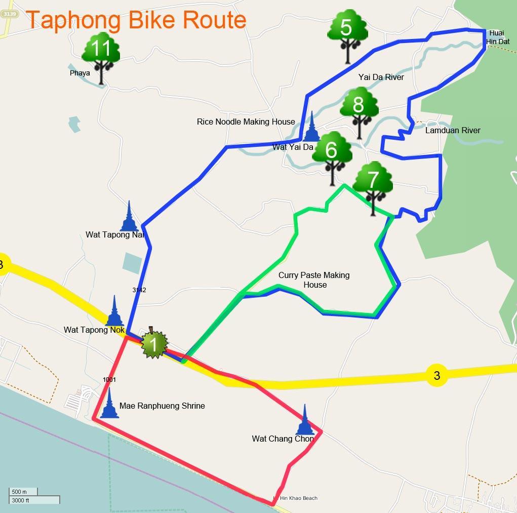 The Rayong Tourism Office has organized three bicycle routes through the orchards that start and end at the TAT Office near the Taphong Fruit Market (153/29 Moo 12 Sukumvit Road, see Rayong Map).