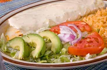 verde, ranchera, enchilada salsa or salsa Bang Bang. Topped with lettuce, tomato and sour cream. Served with rice and beans 7.