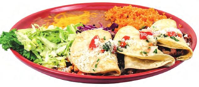 25 Flour tortilla shell with rice, beans, lettuce, cheese and tomato, garnished with guacamole & sour cream Mexican Favorites Served with your choice of refried or Rancho (cholesterol-free) beans and