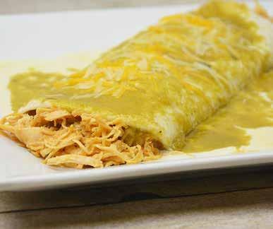00 Wet Burrito A large flour tortilla stuffed with refried beans, cheese and your choice of ground beef, shredded chicken or beef tips, smothered with cheese sauce and your choice of tomatillo,