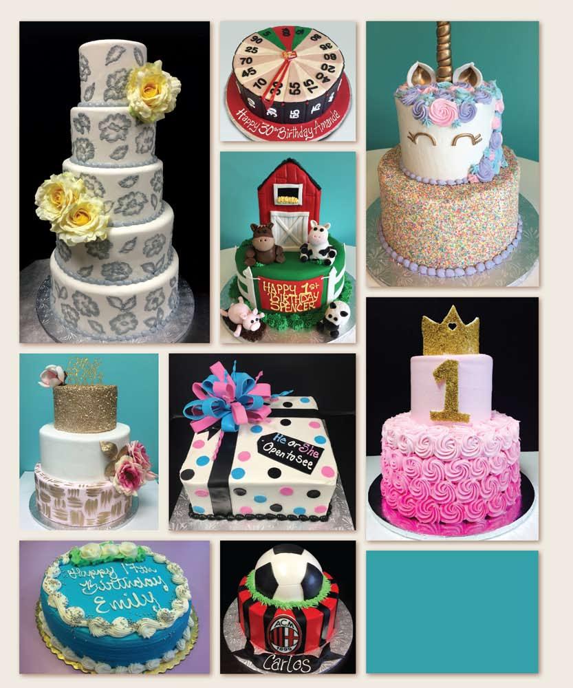 Cake Sizes: 7" round (serves 6-10), round (serves 14-18), 12" round (serves 25-35), ¼ sheet (serves 15-25), ½ sheet (serves 35-50), full sheet (serves 75-100).