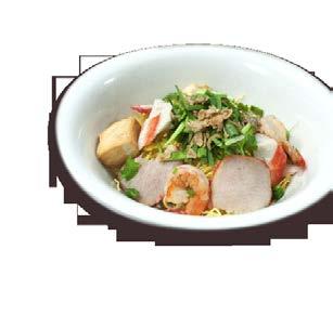 50 Mi Khô Thâ p Cẩm 醬油蛋面 ( 叉燒, 蝦, 蟹肉, 龍蝦丸 ) Clear noodles served in soup with barbeque pork, shrimp, imitation crab with soy