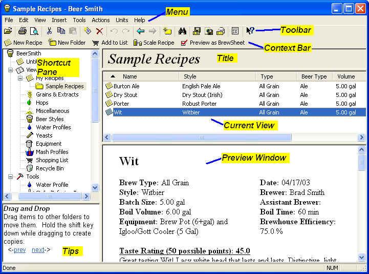 Navigating BeerSmith Basic Elements Menu - A standard windows menu (File, Edit, View, etc...).