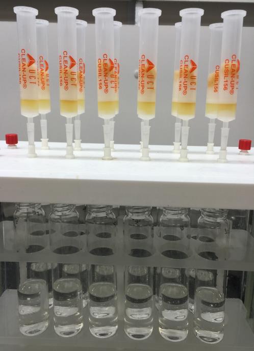 Centrifuge at 3000 rcf for 5 minutes 4. Transfer 5 ml supernatant to a clean test tube, add 1.5 ml toluene, and evaporate to about 1 ml. Sample Clean-Up: 1.