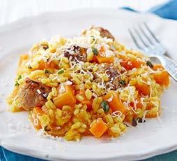 Golden Squash & Sausage Risotto 350g pack ready-chopped butternut squash, or half a medium squash, peeled and chopped 2 chicken stock cubes 2 tsp olive oil 6 good-quality sausages, meat squeezed from