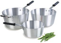 60100PC Tapered Aluminum Sauce Pans Tapered shape reduces contact with direct heat source and encourages cooking by diffusing heat from the side walls Sides are gently sloped and corners are rounded