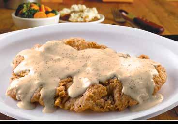 .. 495 Country Fried Steak Country Fried Steak Hand-battered, fresh-cut sirloin served crispy and golden, topped with brown gravy and served with mashed potato.