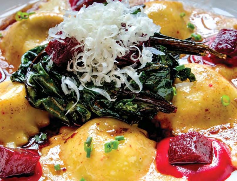 TRIANGOLI STUFFED WITH GOAT CHEESE; BALSAMIC BROWN BUTTER; FRESH BEET AND BEET GREENS lots of new dining establishments in the two block stretch; but for this food writer, while others have tried, no