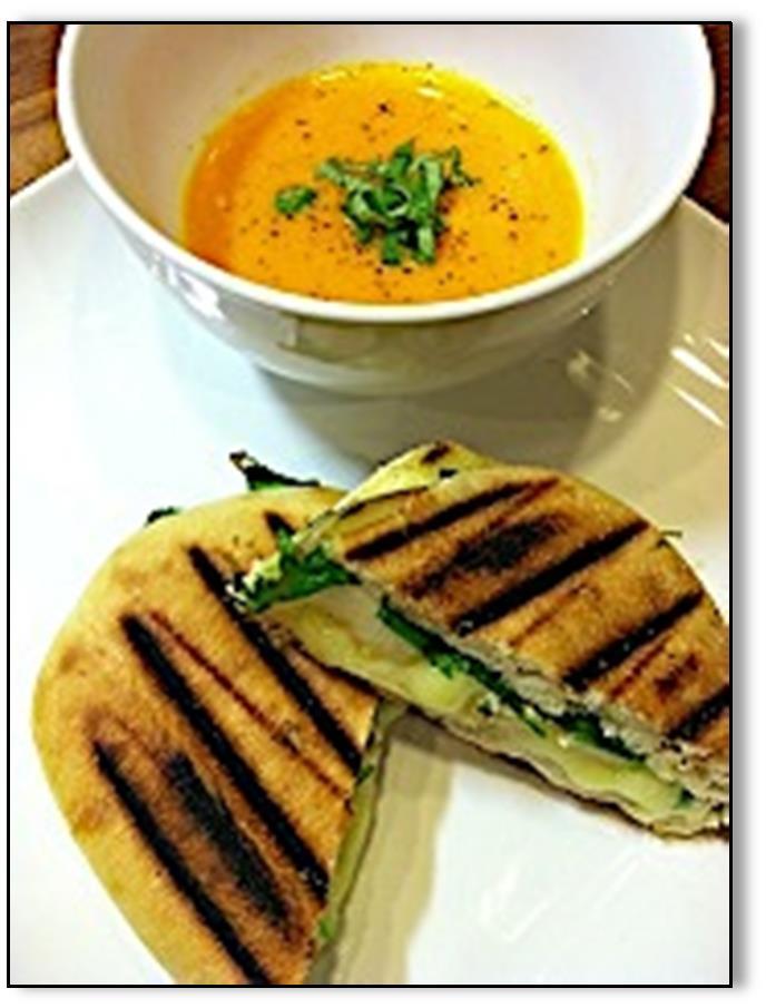 Dinner 5 Brie & Pear Panini with Fresh Tomato Soup Brie & Pear Panini (5a) This meal is a great way to enjoy cheese and fruit in a light and healthy sandwich.