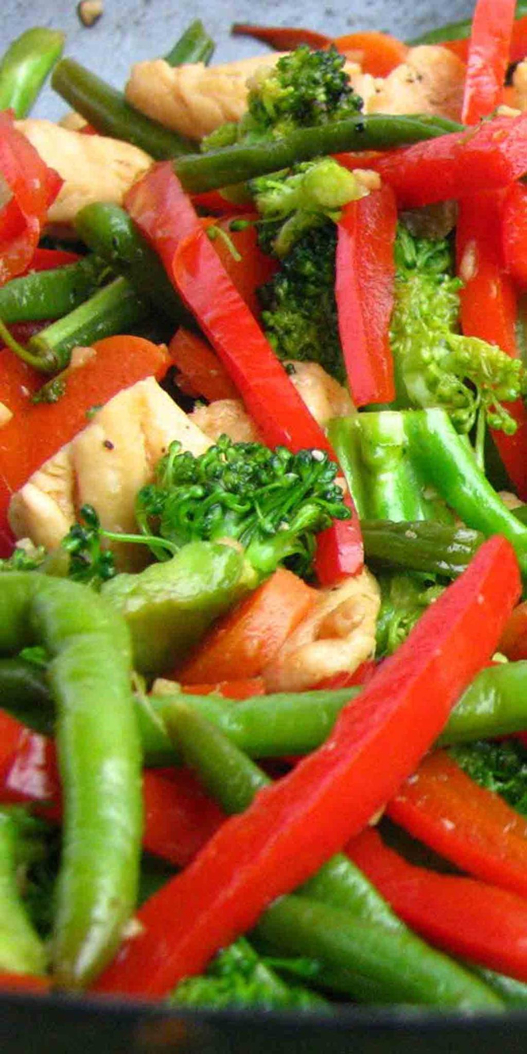 CHICKEN STIR-FRY 150g chicken breast, sliced 1 tablespoon oyster sauce 1 tablespoon soy sauce 1 teaspoon rice bran oil 2 cups of stir fry vegetables, thinly sliced (try capsicum, bok choy, carrot,
