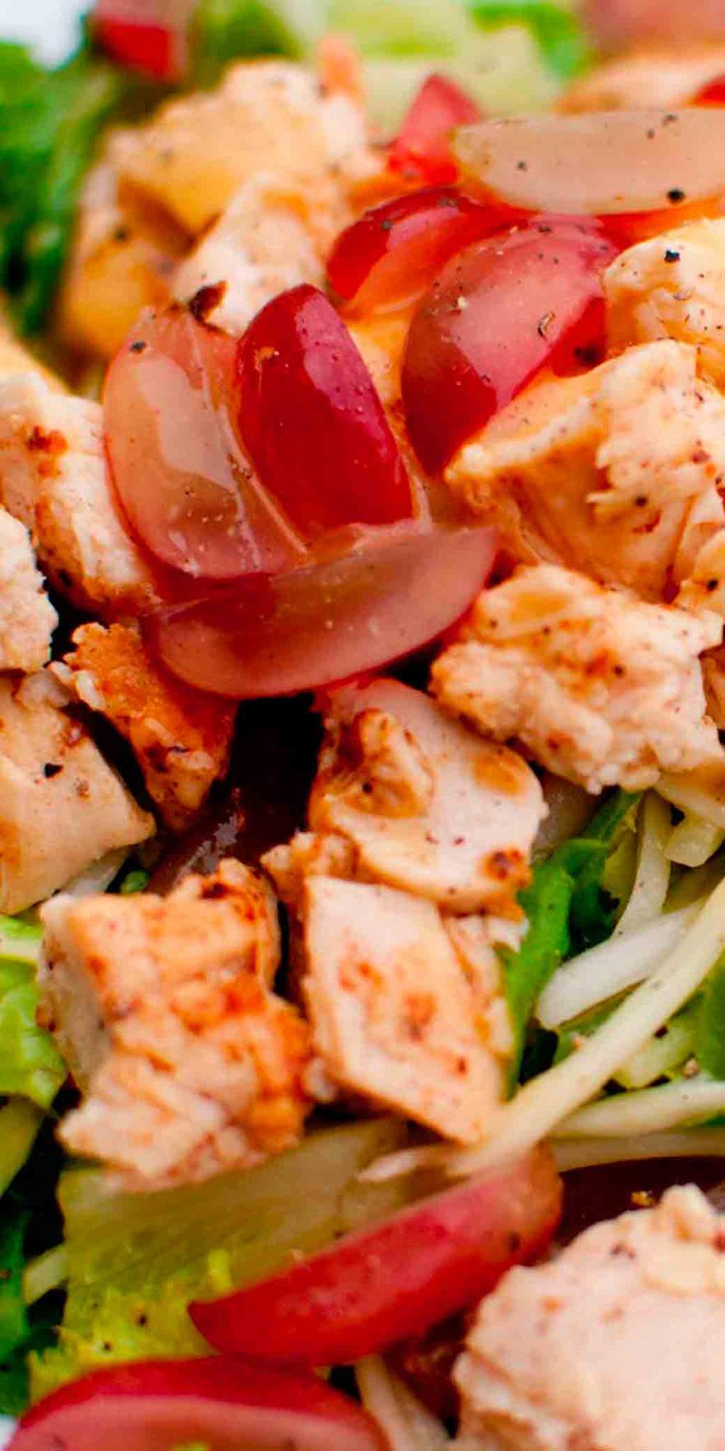 CHICKEN SALAD 100g chicken breast 1 medium pear, thinly sliced 30g shaved parmesan 2 cups salad leaves, washed 1 cup cherry tomatoes, halved 1 tablespoon balsamic vinegar 1 tablespoon olive oil Salt