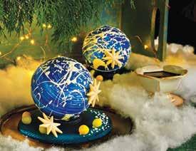 SILENT NIGHT SPHERE This celestial midnight-blue coloured white chocolate orb will reveal hidden glorious treats of macarons, Maltesers, gummy bears, marshmallows and