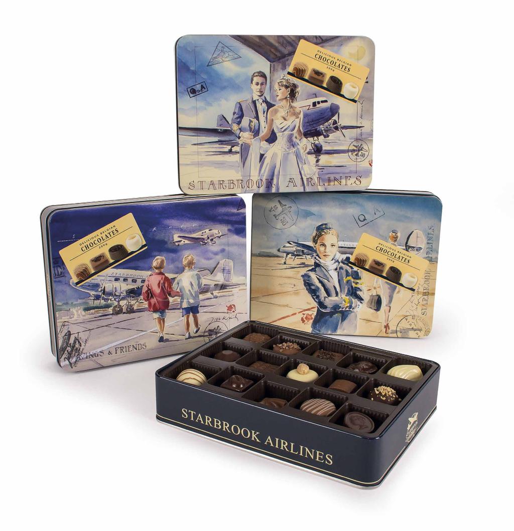 Tin pralines 403970: Belgian pralines 200g, made with cocoa butter. Selection of minimum 3 different tin designs.