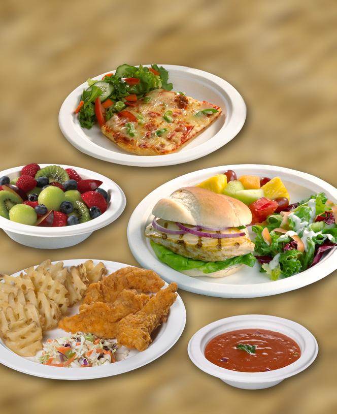 EARTHCHOICE Bagasse Blend Tableware Fiber (Paper) Material *Fully Compostable in Municipal and Industrial Facilities Where Available Strong All Natural White Appearance Soak Through Resistant Design
