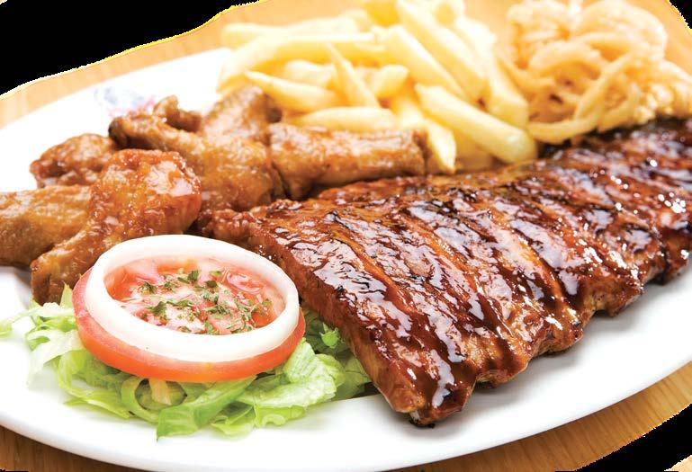 COMBOS SIRLOIN ON THE BONE AND BUFFALO WINGS NEW 139.90 A tender Sirloin on the bone (400g), with sticky Durky wings. RIBS & CHICKEN 144.90 Marinated pork ribs (400g) with a quarter chicken.