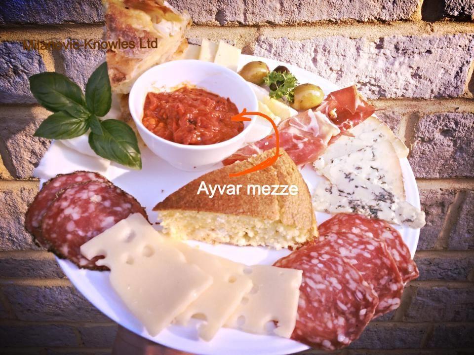 cheeses (nice contrast to sweet peppers) - Few teaspoon full of Hot Ayvar - Selection of Olives - Pastry of your choice our favourite is cheese &