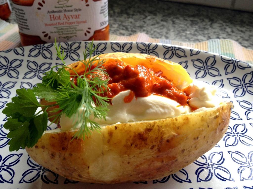 Ayvar on Jacket Potato Create that perfect lunch or supper in just few minutes Perfect combination of cream cheese with Hot Ayvar on British favourite: Jacket potato Ingredients (for 2 persons): - 2