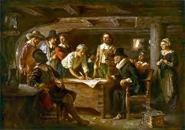 The male Pilgrims on the ship setting sail for America decided to sign a Mayflower Compact, which was a legal contract in which they agreed to have fair laws to protect