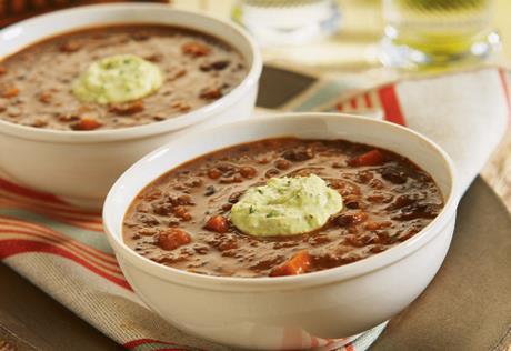 CHIPOTLE BLACK BEAN SOUP WITH AVOCADO CREAM 25 mins 1 hour 8 Black bean soup takes a more worldly approach with the addition of chipotle pepper in adobe sauce.