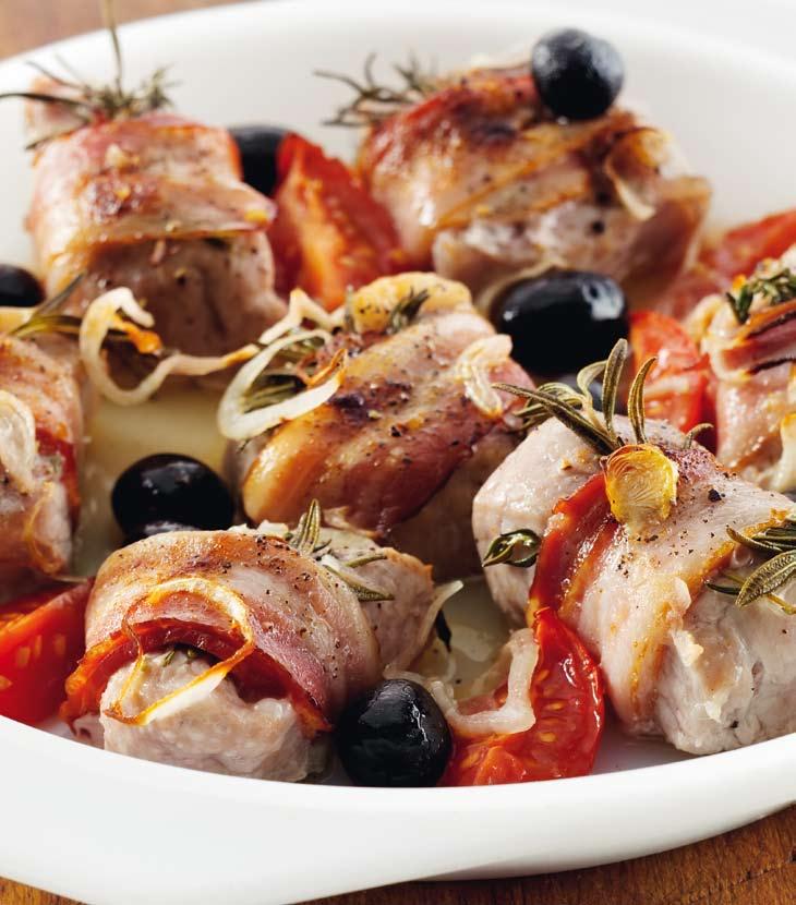 R9 Veal parcels Season the meat with the salt, pepper, Italian herb mixture and coriander. Lay several rosemary leaves and a thyme sprig on each piece of meat, then wrap it in bacon.