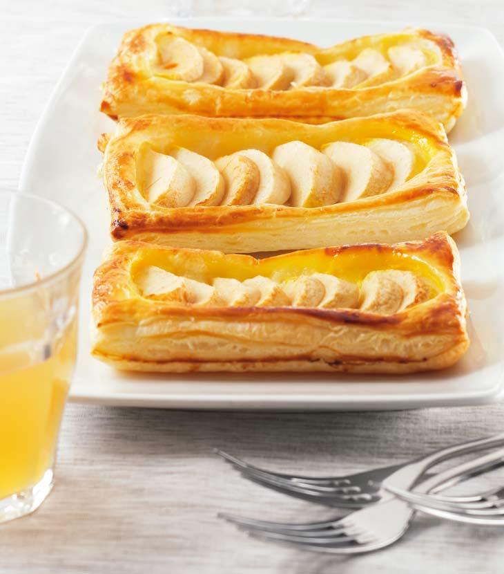 R Apple pastries Cut the sheet of puff pastry into 8 equal rectangles. Brush of the rectangles with a little water and place another rectangle on top of each one.