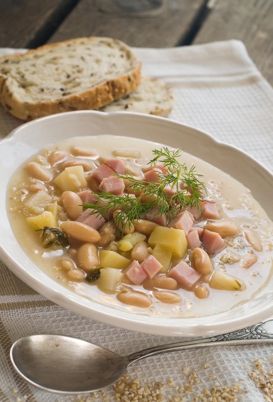 COOK TIME: 3-4 hours Hearty Ham & Potato Soup 4 cups frozen stew vegetables (#6672) 1 cup diced cooked ham (#7960) 1 can white beans, drained 2 cups frozen super sweet white corn (optional) 3-4 cups