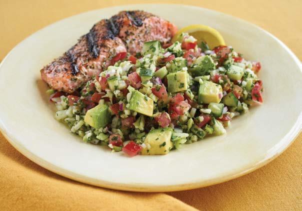 GRILLED SALMON WITH AVOCADO BROCCOLI RICE TABBOULEH SERVES 4 TIME 55 MINUTES ¼ cup fresh lemon juice 3 Tbsp. olive oil ⅛ tsp. garlic powder ⅛ tsp.